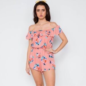 coral floral off the shoulder romper w ruffle NEW NWT Size Med by Honey Belle